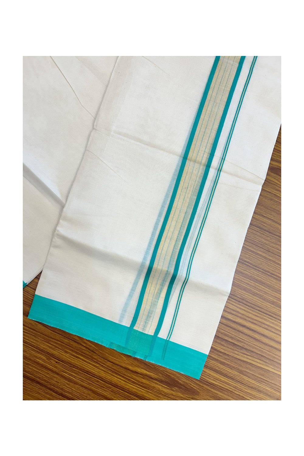 20% DISCOUNT! KaithariKada Balaramapuram Double OFF WHITE Mundu/Dhoti - 80x90 - 1.75 Inch Tissue Turquoise Green striped Kara - 7KK5182VAS