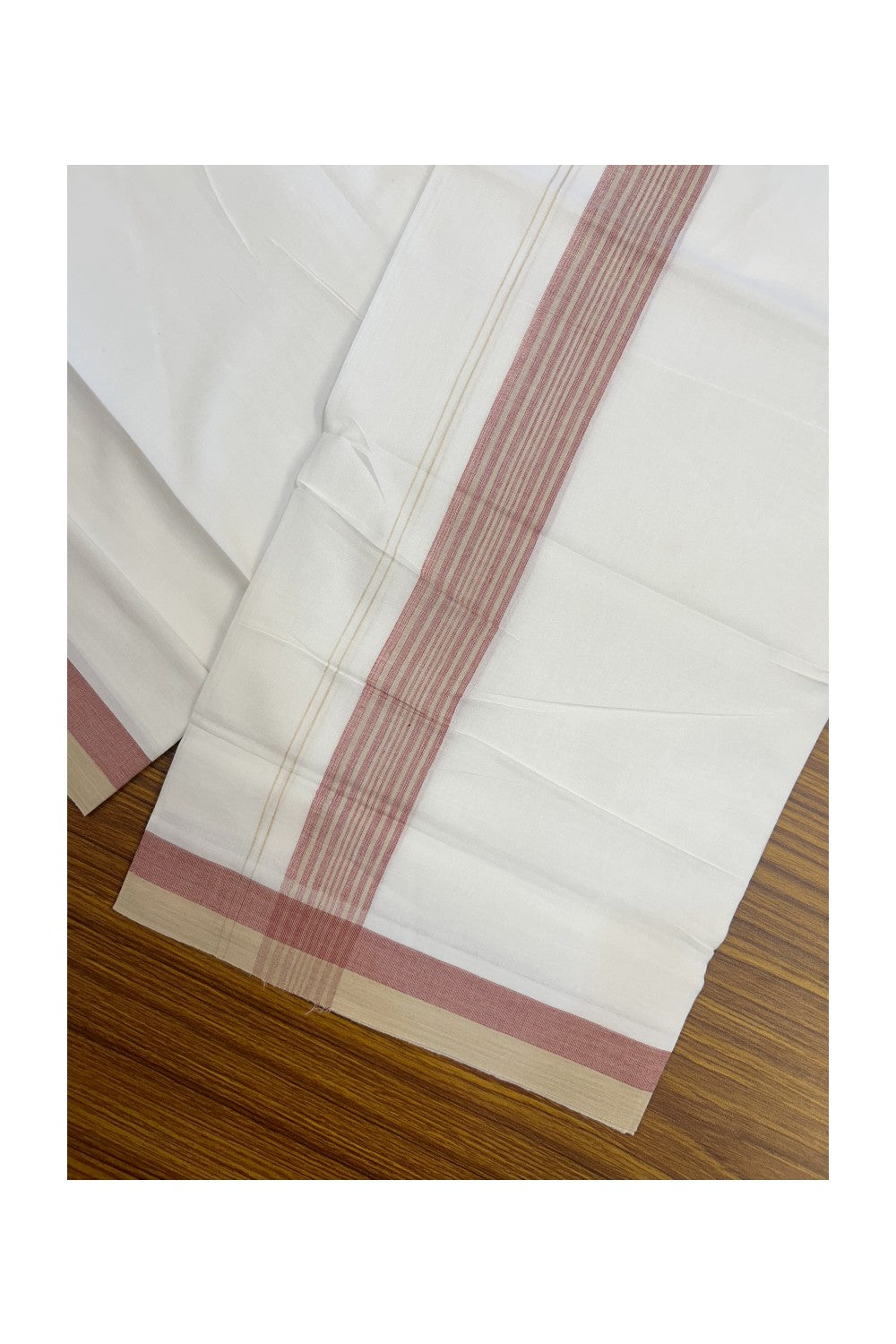 20% Discount ! Kaitharikada Balaramapuram 100% Cotton PURE WHITE Double Mundu/Dothi - 100x80 - 1.5 inch Sand brown & Red Striped Kara - 7KK5183VIN