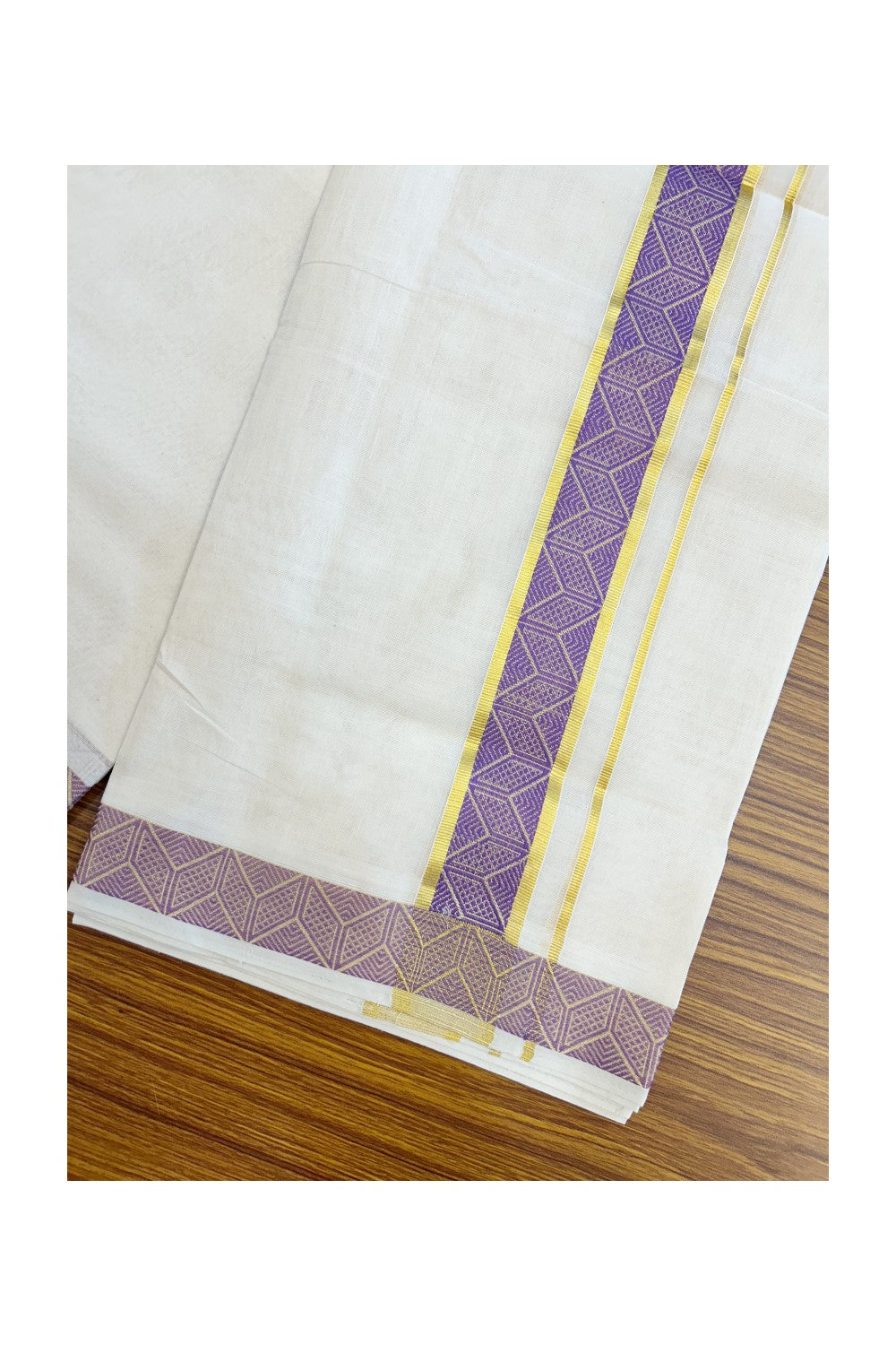 25% DISCOUNT ! KaithariKada HANDLOOM Unakkupaav Balaramapuram - 100% PURE Cotton Off White - (Unbleached) Double Mundu/Dhoti - 1.75 inch Gold Kasavu & Lavender Jacquard Design Kara - 7KK5190ABH