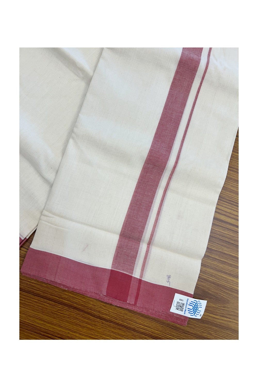25% Discount KaithariKada HANDLOOM Unakkupaav Balaramapuram - 100% PURE Cotton off white (Unbleached) Double Mundu/Dhoti - 80X90 - 1.25 inch Fire Brick Red Shaded Kara 3.80 mtr - 7KK5192ELA