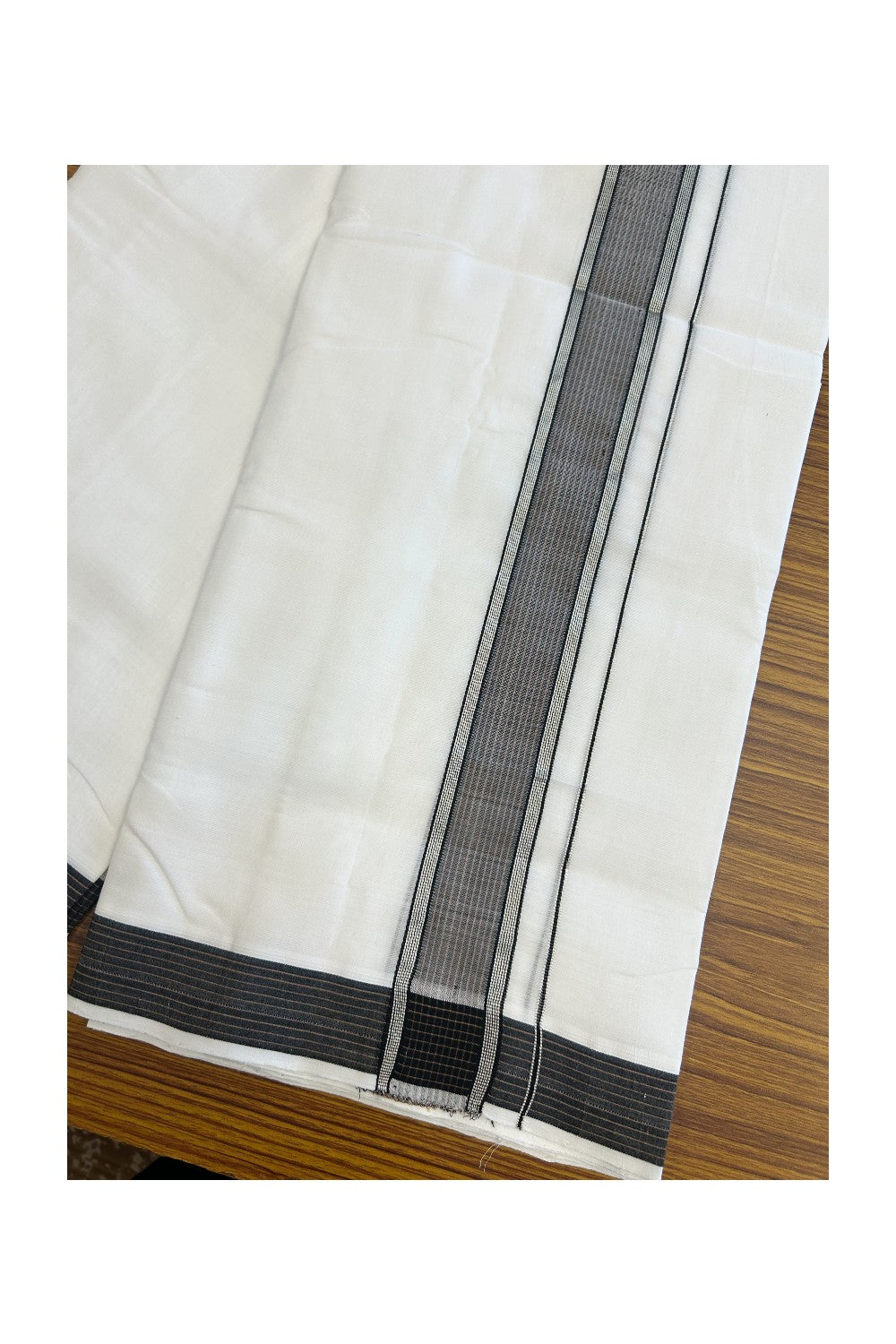 25% Discount!! NEW ULTRA PURE WHITE HANDLOOM Balaramapuram - 100% Mercerised Cotton Double Mundu/Dhoti - 120 twisted warp x 80s weft - 1.75 inch Silver Kasavu & Black Brown Striped Kara- 7KK5200REA