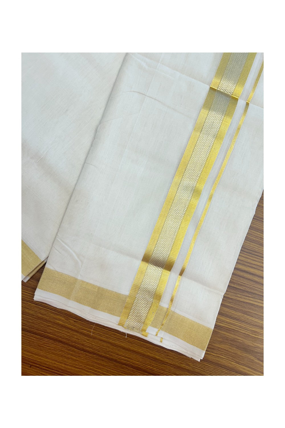 25% DISCOUNT ! KaithariKada HANDLOOM UNAKKUPAAV Balaramapuram - 100% PURE Cotton Off White - (Unbleached) Double Mundu/Dhoti - 1.75 inch Gold Kasavu & Silver Kasavu Striped Design Kara - 7KK5208ABH