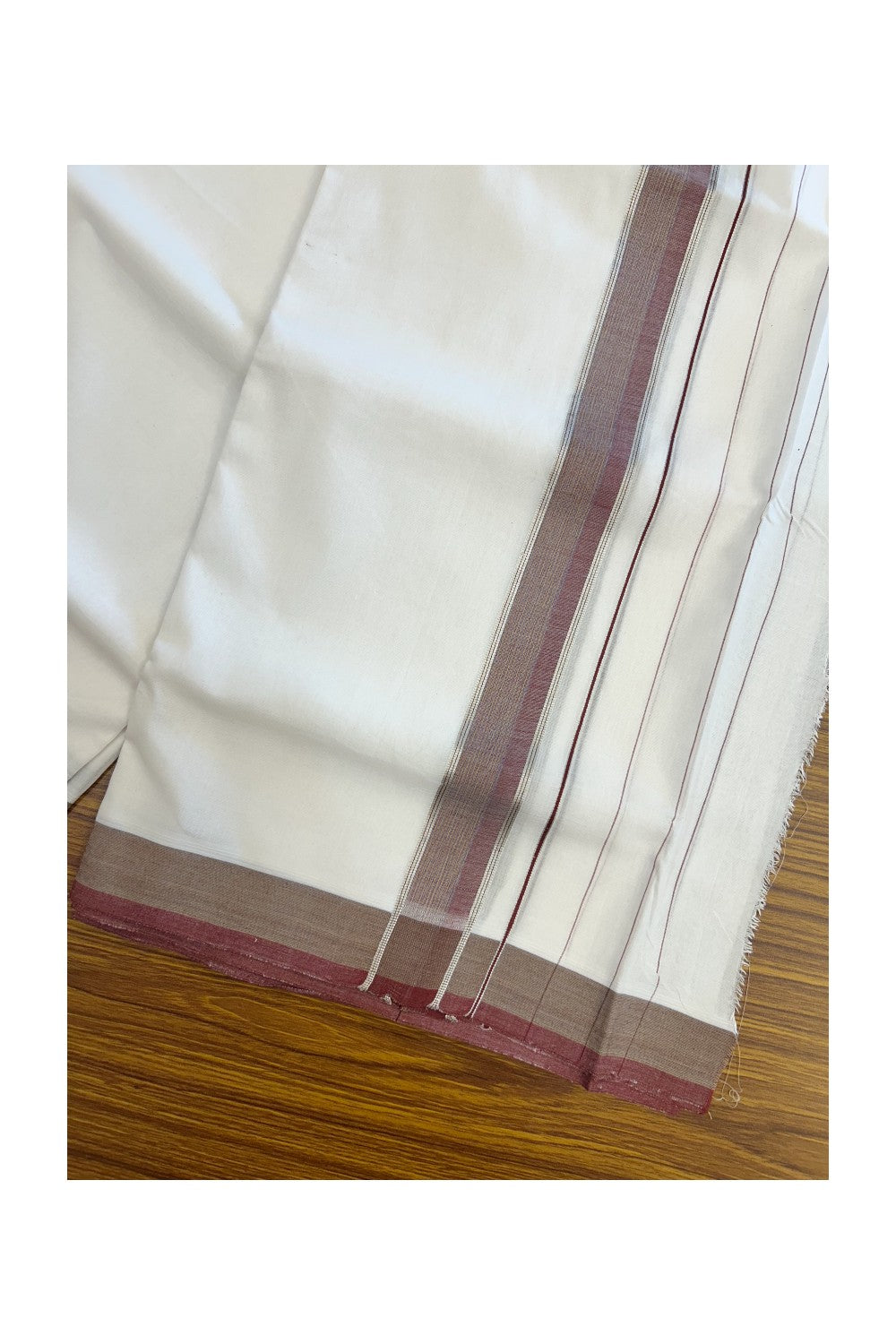 25% DISCOUNT ! KaithariKada HANDLOOM Unakkupaav Balaramapuram - 100% PURE Cotton Pure White Double Mundu/Dhoti - (80X100) - 6.5 inch Silver Kasavu & Maroon Shaded Striped Kara - 7KK5209 REA