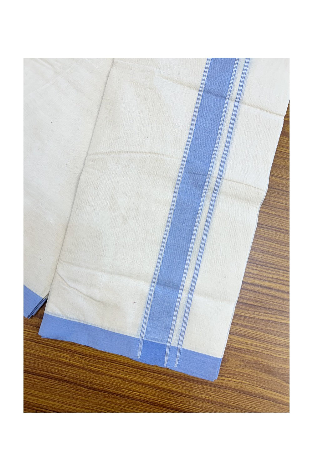 NEW !! 20% DISCOUNT!! KaithariKada Balaramapuram 100% Cotton Double Off white - (Unbleached) Mundu/Dhoti-100x80 - 1.75 inch Lavender Blue Shaded Striped KARA - 3.75 mtr (8 Muzham) - 7KK5218 ASH