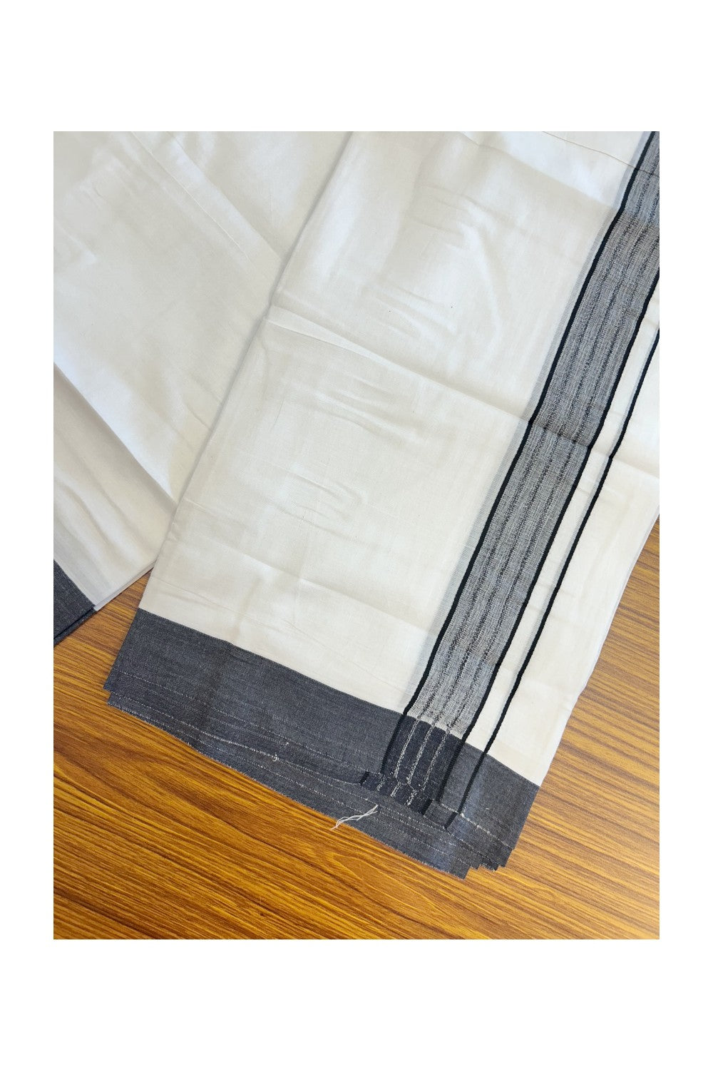 20% DISCOUNT!!! KaithariKada Balaramapuram 100% Cotton DOUBLE PURE WHITE Mundu/Dhoti - 100X80 - 1.5 Inch Black Shaded Stripes kara 3.75 mtr (8 muzham) - 7KK5220 THI