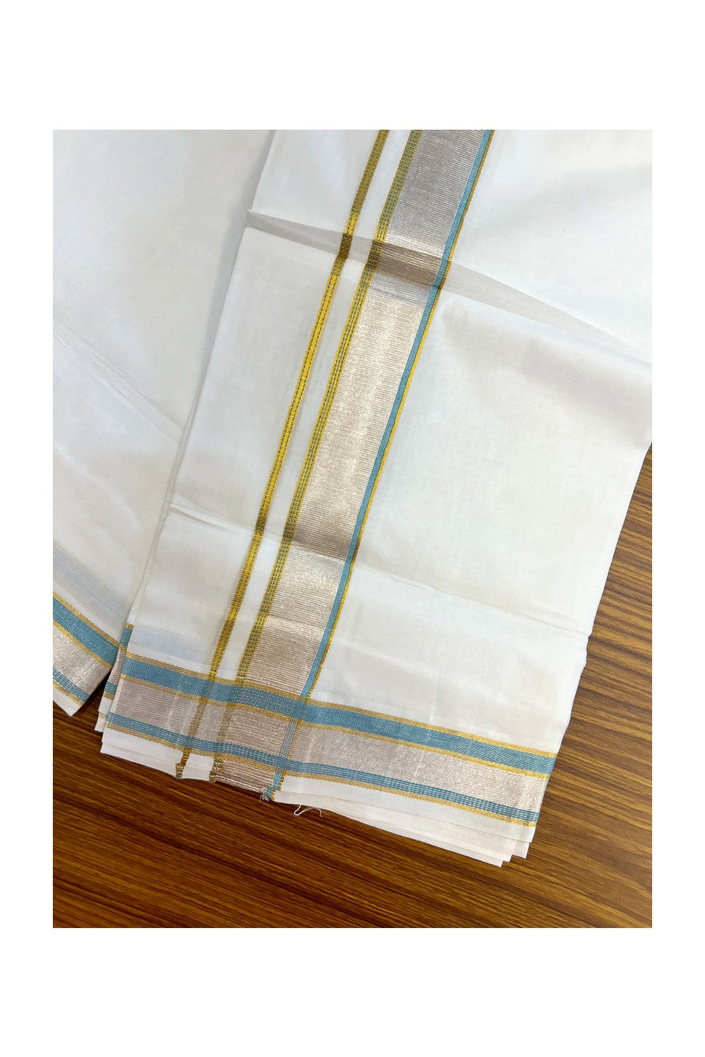 17% DISCOUNT! KaithariKada Balaramapuram 100% Cotton Double PURE WHITE Mundu/Dhoti - 100x100 - 1.5 inch Sky Blue Silver Kasav & Gold Kasavu Stripes Kara - 7KK5221 GAN