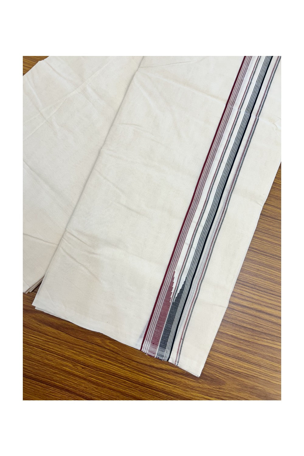 ADMK VESHTI 20% Discount !! KaithariKada Balaramapuram Double Off white - (Unbleached) Mundu/Dhoti - 100X100 - 1.5 inch Puliyilakkara Maroon & Black Striped Chutty Kara- 7KK5226 ASH