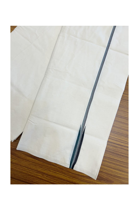 20% Discount!! KaithariKada Balaramapuram 100% COTTON SINGLE OFF WHITE - (Unbleached) Mundu/Dhoti - 100X100 - 0.5 inch Puliyilakkara Black & Peacock Green Striped Chutty Kara(2 meter / 4 muzham) - 7KK5228 ASH