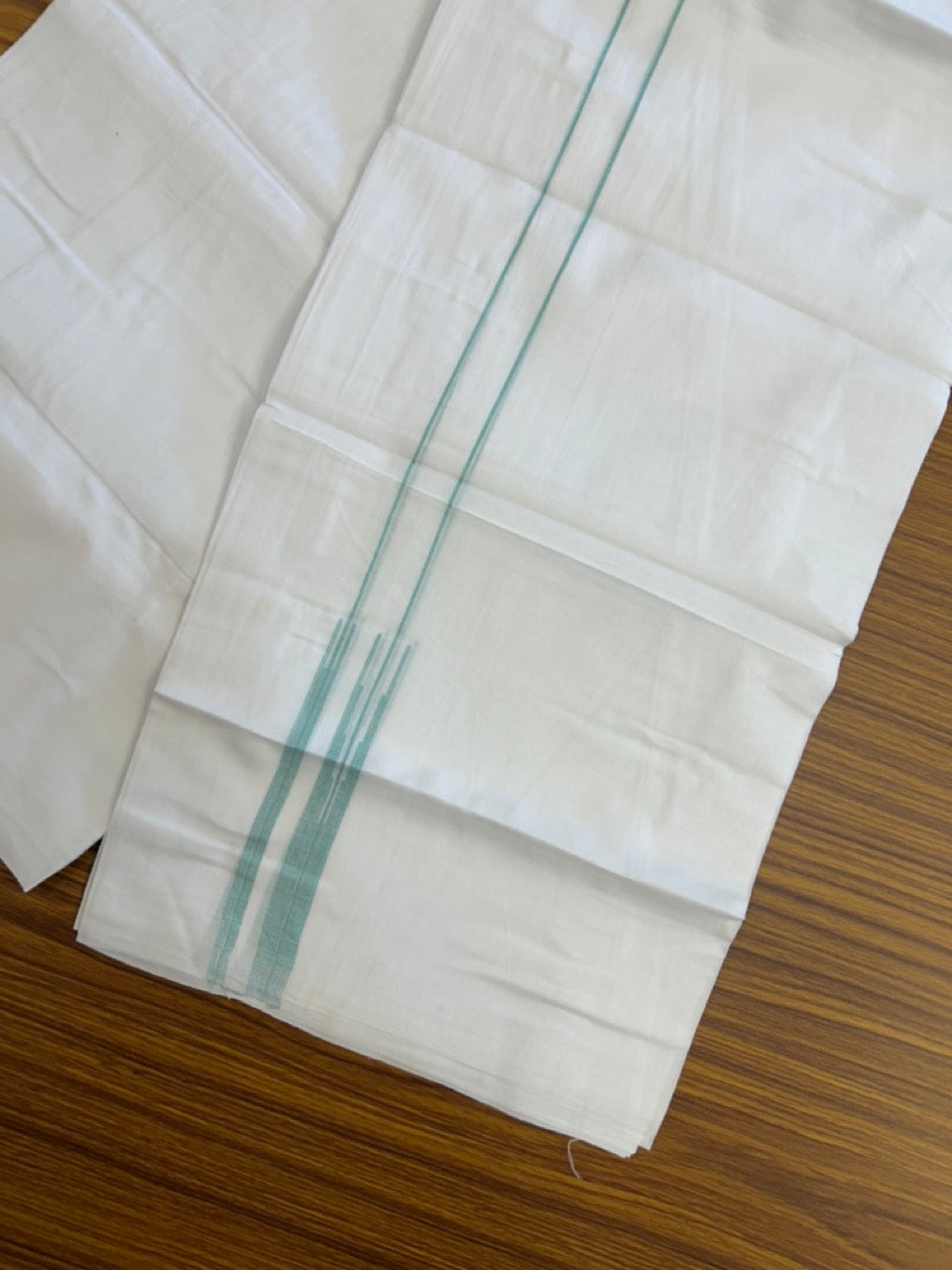 20% DISCOUNT!! NEW!! KaithariKada Balaramapuram 100% Cotton PURE WHITE Double Mundu/Dhoti - (100x80)s - 0.75 inch Turquoise Line chutty - 7 KK5249 VIN