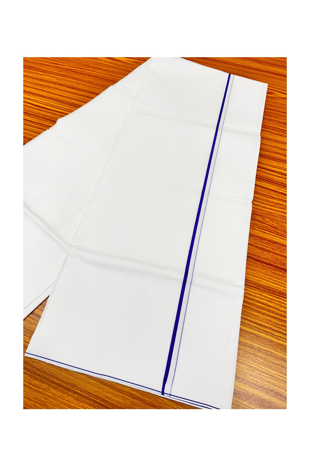 21% OFFER!! KaithariKada WRINKLE FREE Cotton PURE WHITE SINGLE Mundu/Dhoti-40X40 Dark Blue 1 cm (2 meter / 4 muzham) Kara- 7uat