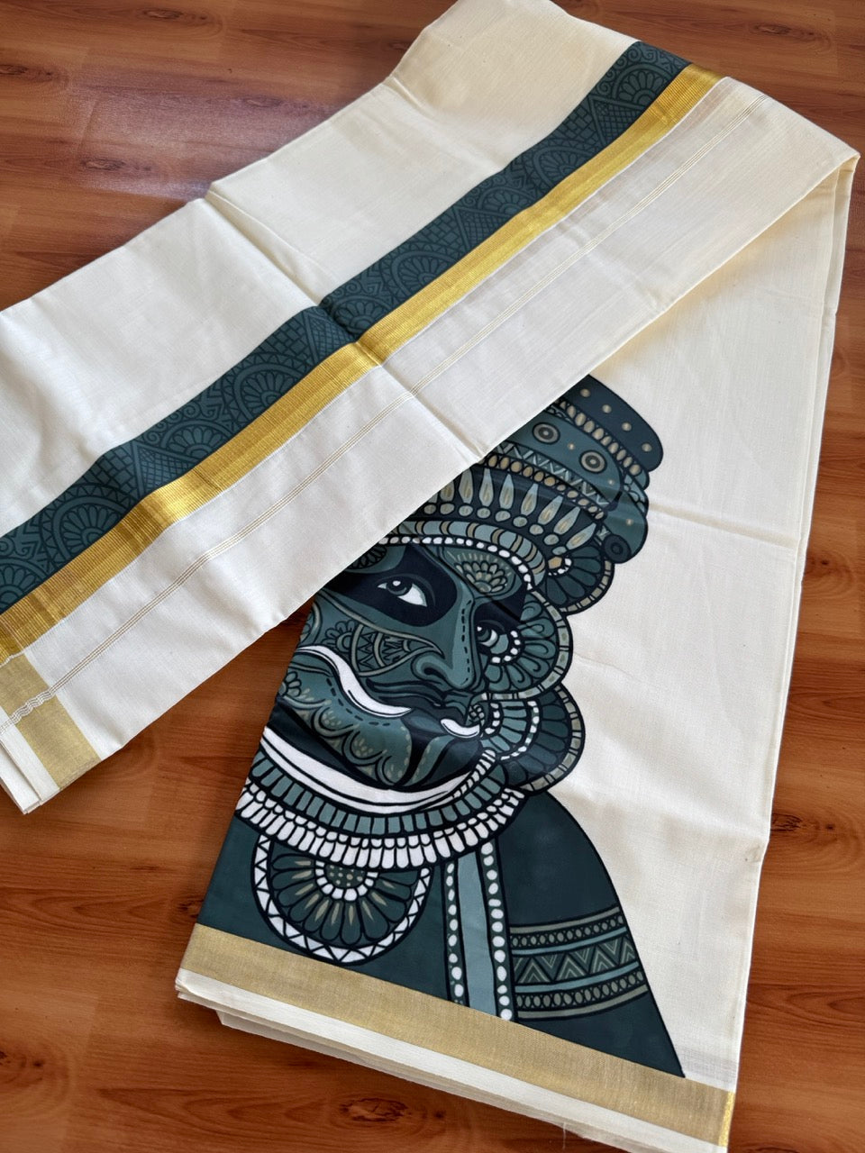 Double Off White - Onam Festival Print - (Unbleached) Mundu/Dhoti- 20% Discount!! KaithariKada Mixed Cotton 60s - 0.75 inch Gold Kasav with Printed Design Kara - 6 KK5474 GAN