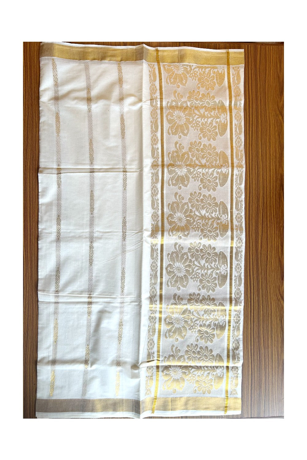 23% Discount!!! Kaitharikada Kerala Cotton Saree Off white - 28 inch Kasav Zari with Flower Pattern Putta Design- 7KK1002JEE