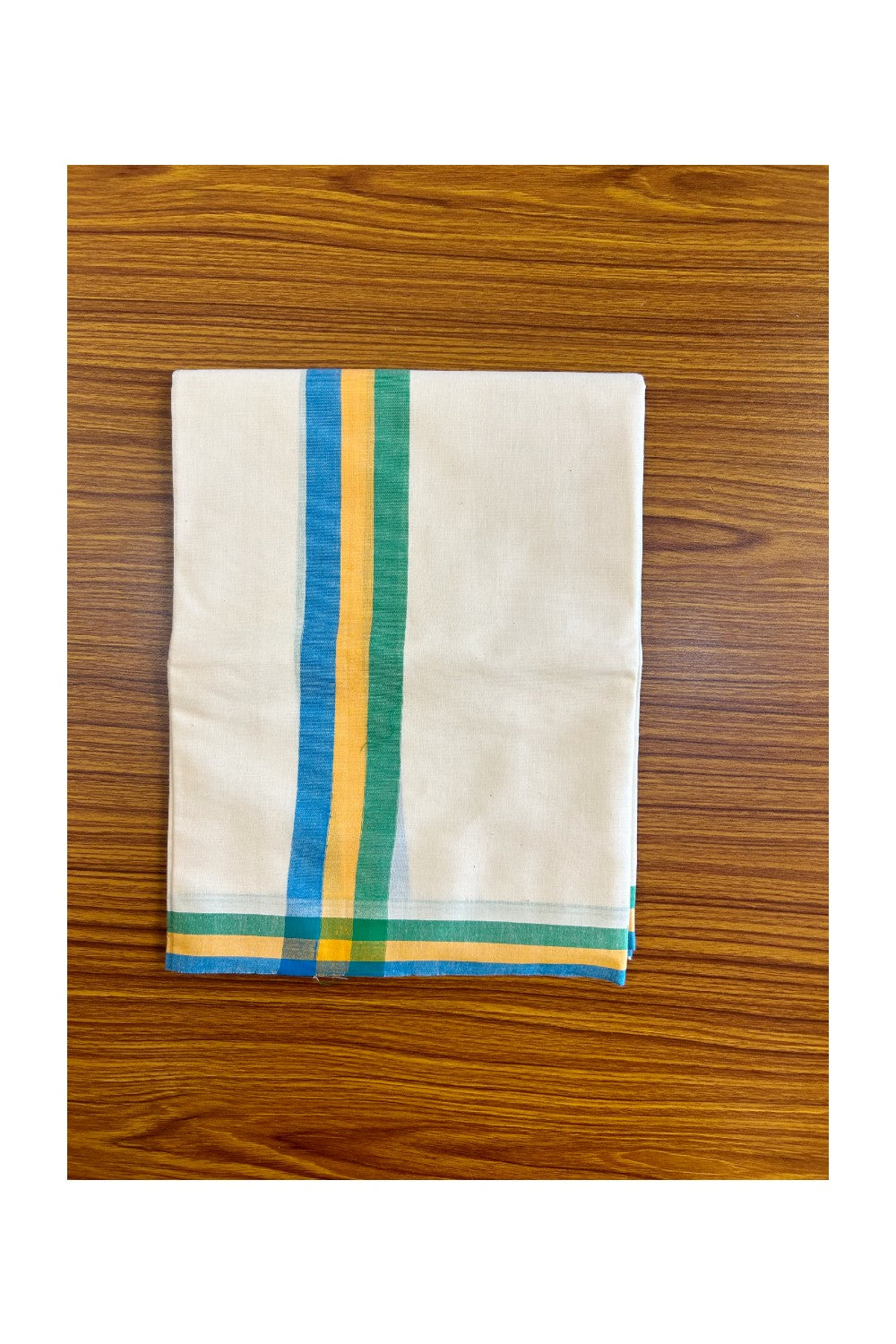 15% Discount!! KaithariKada - Kerala Cotton Single Set Mundu - EXTRA LENGTH -Blue, Yellow & Green Stripes Mulloth Kara- 7KK472CKA