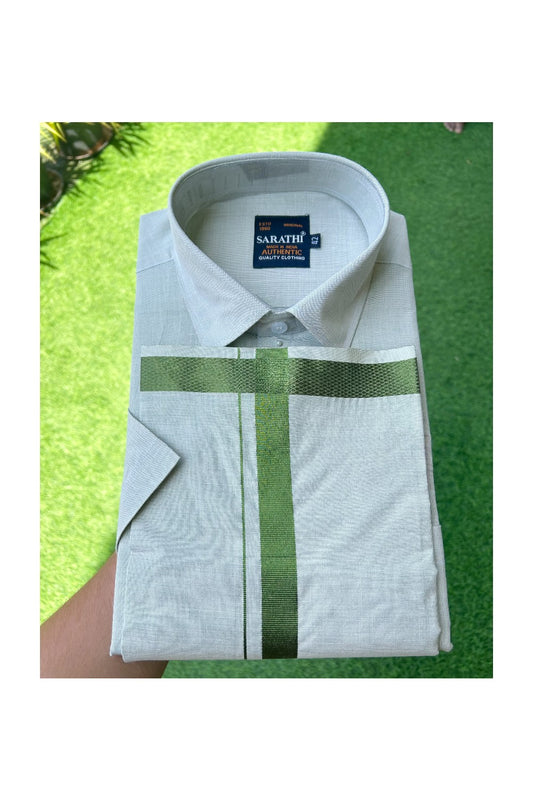NEW! Kaitharikada Special - Art Silk Men's Shirt & Dhoti Set - Green Shaded Half Sleeve shirt and Green Shaded Dhothi with Green Kasavu Kara - 7KK6004SAR.