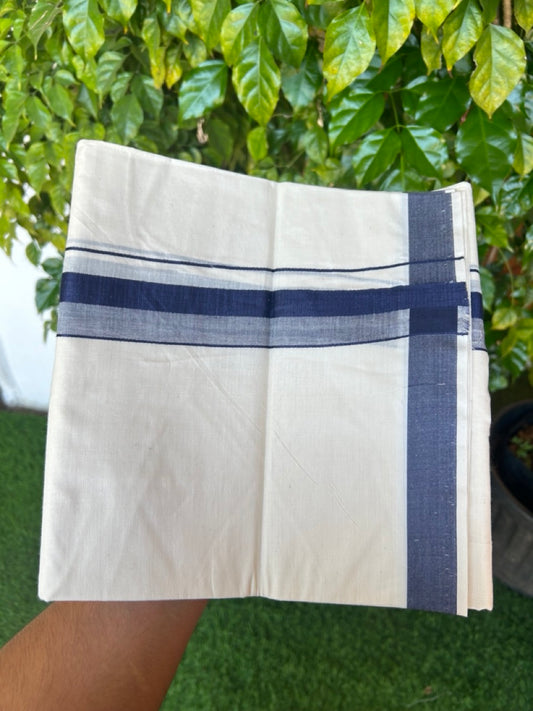 24% Discount ! KaithariKada Balaramapuram 100% Cotton Double OFF WHITE- (Unbleached) - Mundu / Dhoti- 100x80 - 1.5 inch Navy Blue Kara - 7KK5214 MC