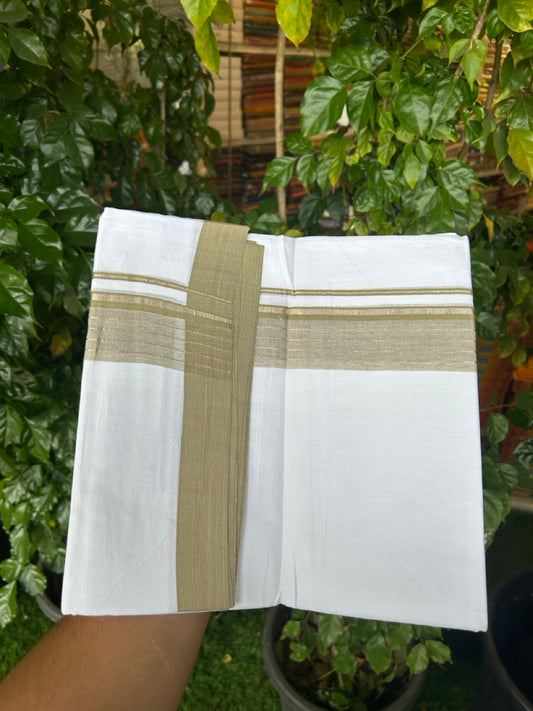 4.5 Meters (10 Muzham) - Pure white double 20% Discount ! KaithariKada Balaramapuram - 100% Pure Cotton 100x80 - Mundu/Dothi - 1.75 inch Sage Green Shaded Silver Kasav Kara  - 70 KK5258 THI