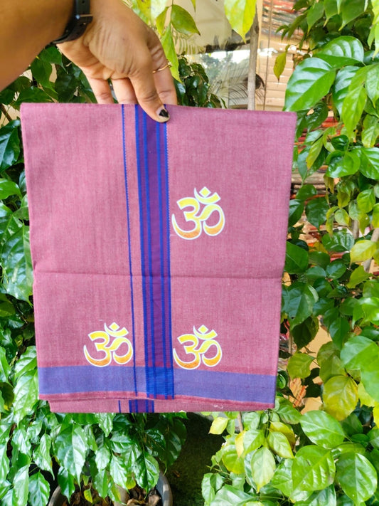 21% Discount ! Kaitharikada Pure Cotton - Single Kaily / Lungi - (40s) - 1.25 inch Blue Striped Ohm Printed Design kara with Velvet Maroon Shaded colour body  (2 meter / 4 muzham) - 33 KK8028 GAN