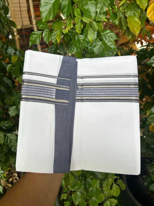 4.5 Meters (10 Muzham) - Pure white double 20% Discount ! KaithariKada Balaramapuram - 100% Pure Cotton 100x80 - Mundu/Dothi - 1.75 inch Navy Blue Silver Kasav Kara  - 71 KK5258 THI