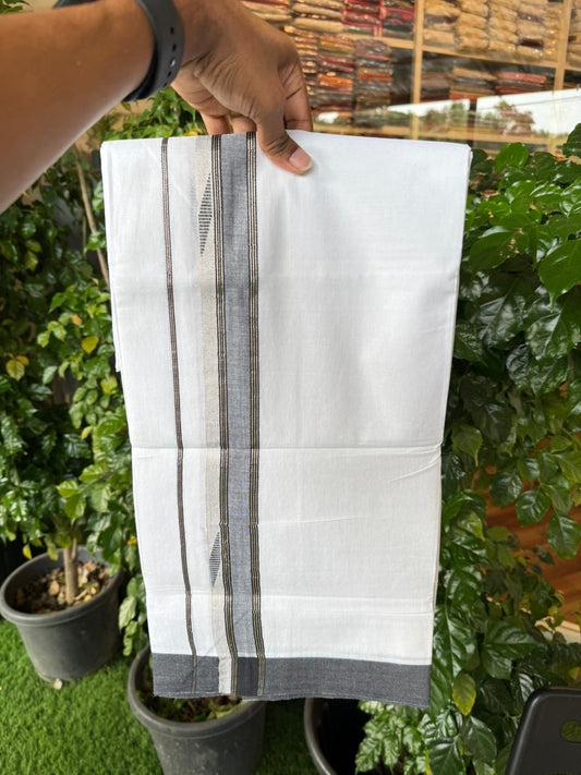 20% Discount ! Kaitharikada Balaramapuram 100% Cotton Pure White Double Mundu/Dothi - 100x80 - 1.5 inch Black & Silver Kasav Design Kara 4 mtr (8.5 muzham) - 70 KK5255 VAS