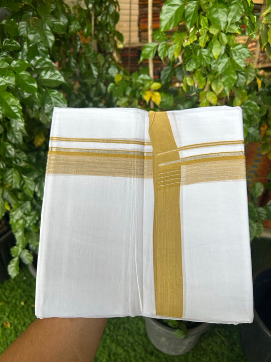 4.5 Meters (10 Muzham) - Pure white double 20% Discount ! KaithariKada Balaramapuram - 100% Pure Cotton 100x80 - Mundu/Dothi - 1.75 inch Mustard Yellow Silver Kasav Kara  - 72 KK5258 THI