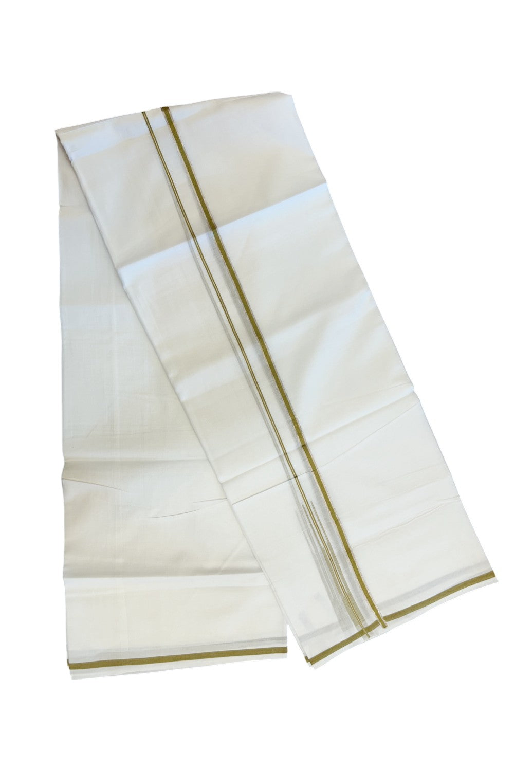 20% Discount ! Kaitharikada Balaramapuram 100% Cotton PURE WHITE Double Mundu/Dothi - 100x90 - 1 cm Silver Kasavu & Olive Yellow Chutty Kara - 72KK5217 CKS