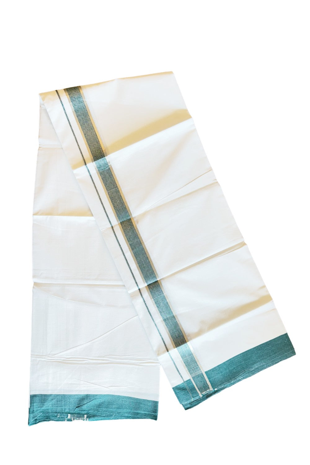 24% DISCOUNT!! Kaitharikada Balaramapuram 100% Cotton Ultra WHITE Double Mundu./Dothi-100x80   1.75 Inch GREEN + SILVER Striped Cotton Kara - 72KK45VAS.