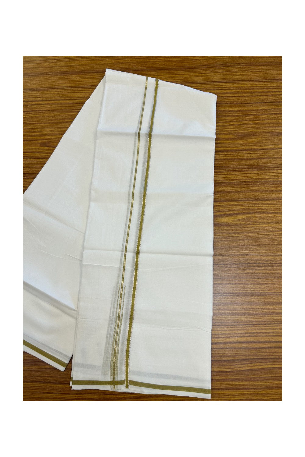 20% Discount ! Kaitharikada Balaramapuram 100% Cotton PURE WHITE Double Mundu/Dothi - 100x90 - 1 cm Silver Kasavu & Olive Yellow Chutty Kara - 72KK5217 CKS