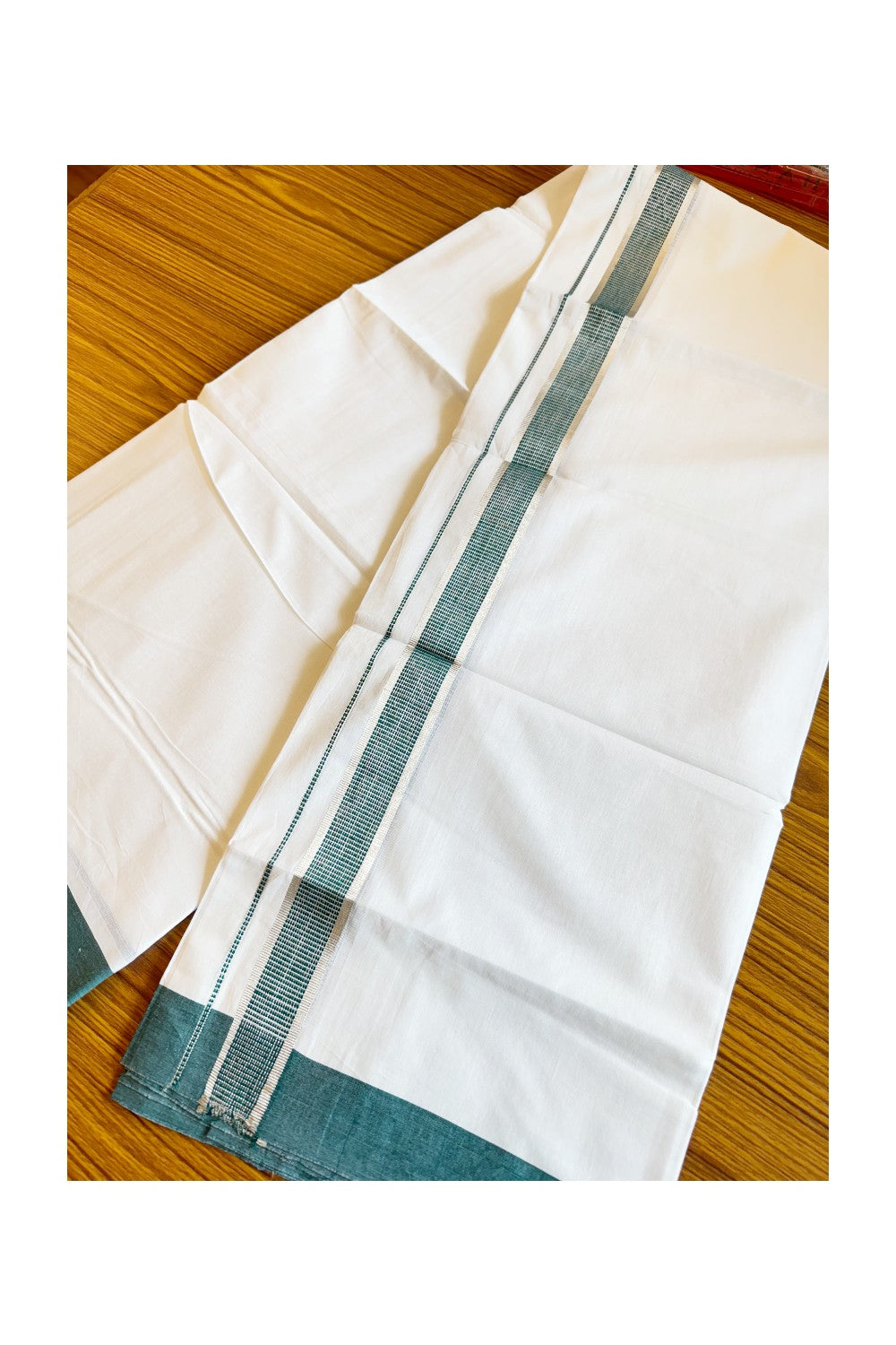 24% DISCOUNT!! Kaitharikada Balaramapuram 100% Cotton Ultra WHITE Double Mundu./Dothi-100x80   1.75 Inch GREEN + SILVER Striped Cotton Kara - 72KK45VAS.