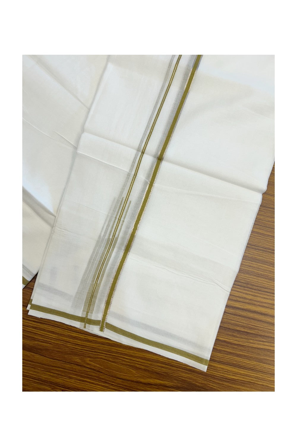20% Discount ! Kaitharikada Balaramapuram 100% Cotton PURE WHITE Double Mundu/Dothi - 100x90 - 1 cm Silver Kasavu & Olive Yellow Chutty Kara - 72KK5217 CKS