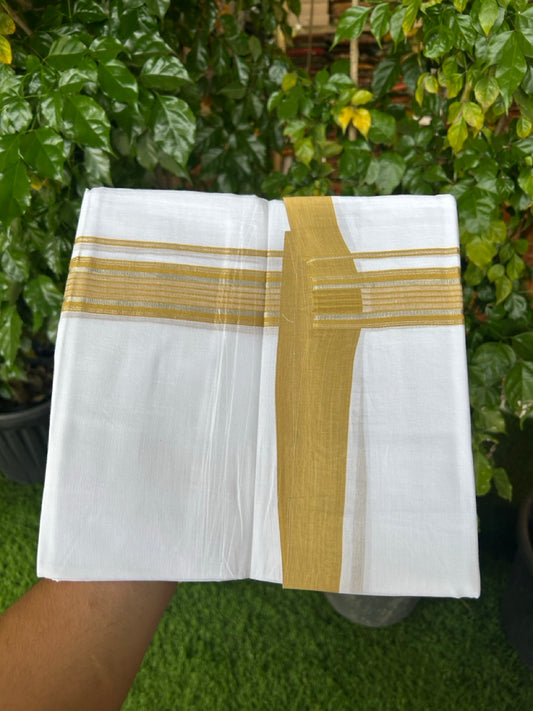 4.5 Meters (10 Muzham) - Pure white double 20% Discount ! KaithariKada Balaramapuram - 100% Pure Cotton 100x80 - Mundu/Dothi - 1.75 inch Mustard Yellow Silver Kasav Kara  - 73 KK5258 THI