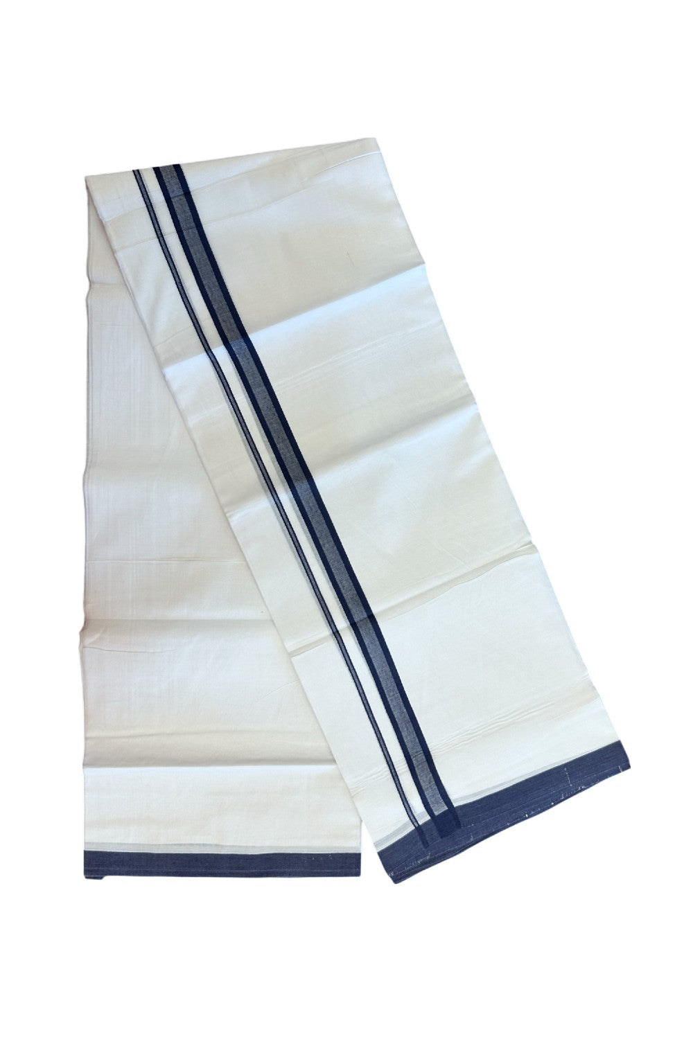 20% Discount ! Kaitharikada Balaramapuram 100% Cotton PURE WHITE Double Mundu/Dothi - 100x80 - 0.75 inch Navy Blue Shaded Kara 3.70 mtr (8 muzham) - 63KK5220 THI