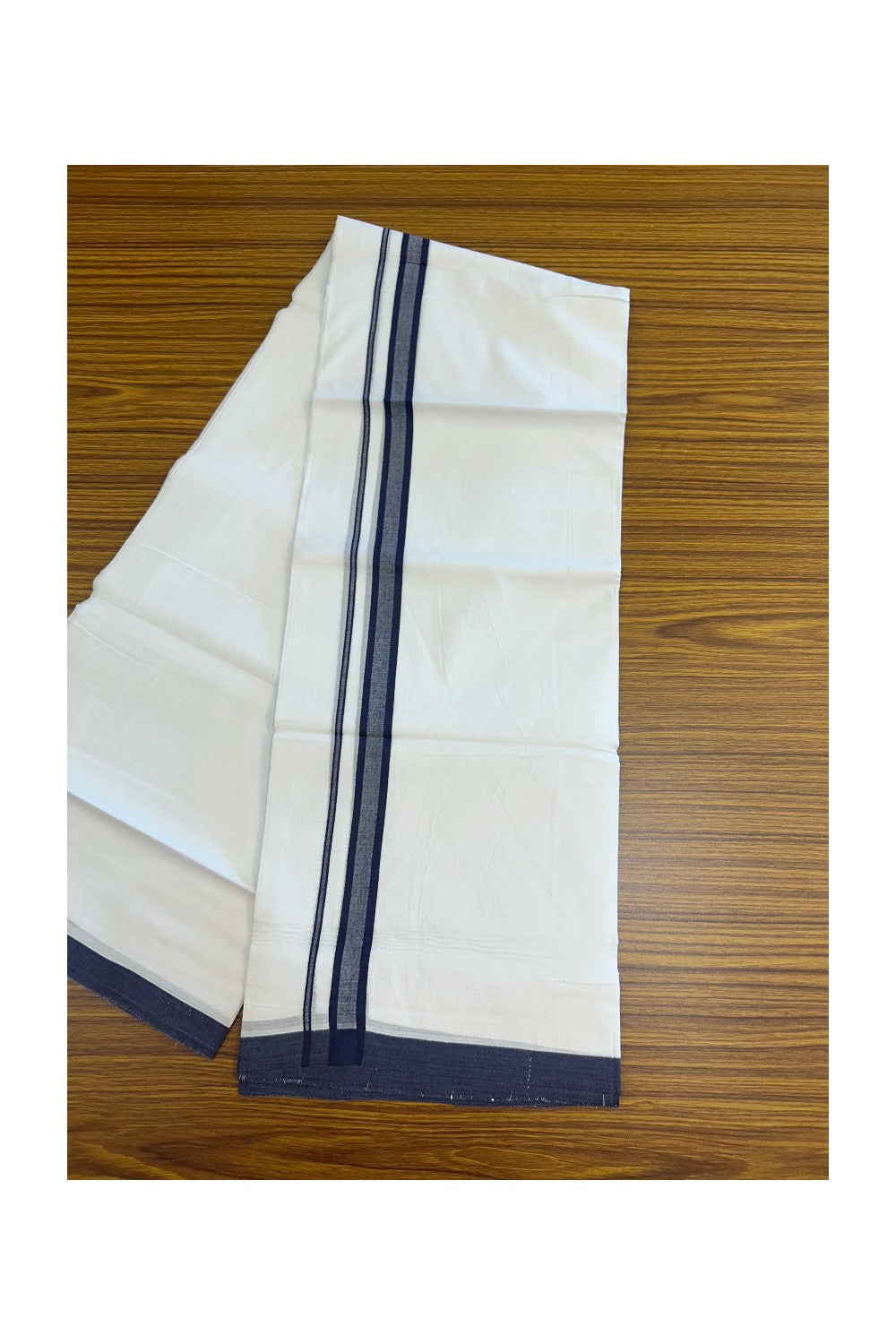 20% Discount ! Kaitharikada Balaramapuram 100% Cotton PURE WHITE Double Mundu/Dothi - 100x80 - 0.75 inch Navy Blue Shaded Kara 3.70 mtr (8 muzham) - 63KK5220 THI
