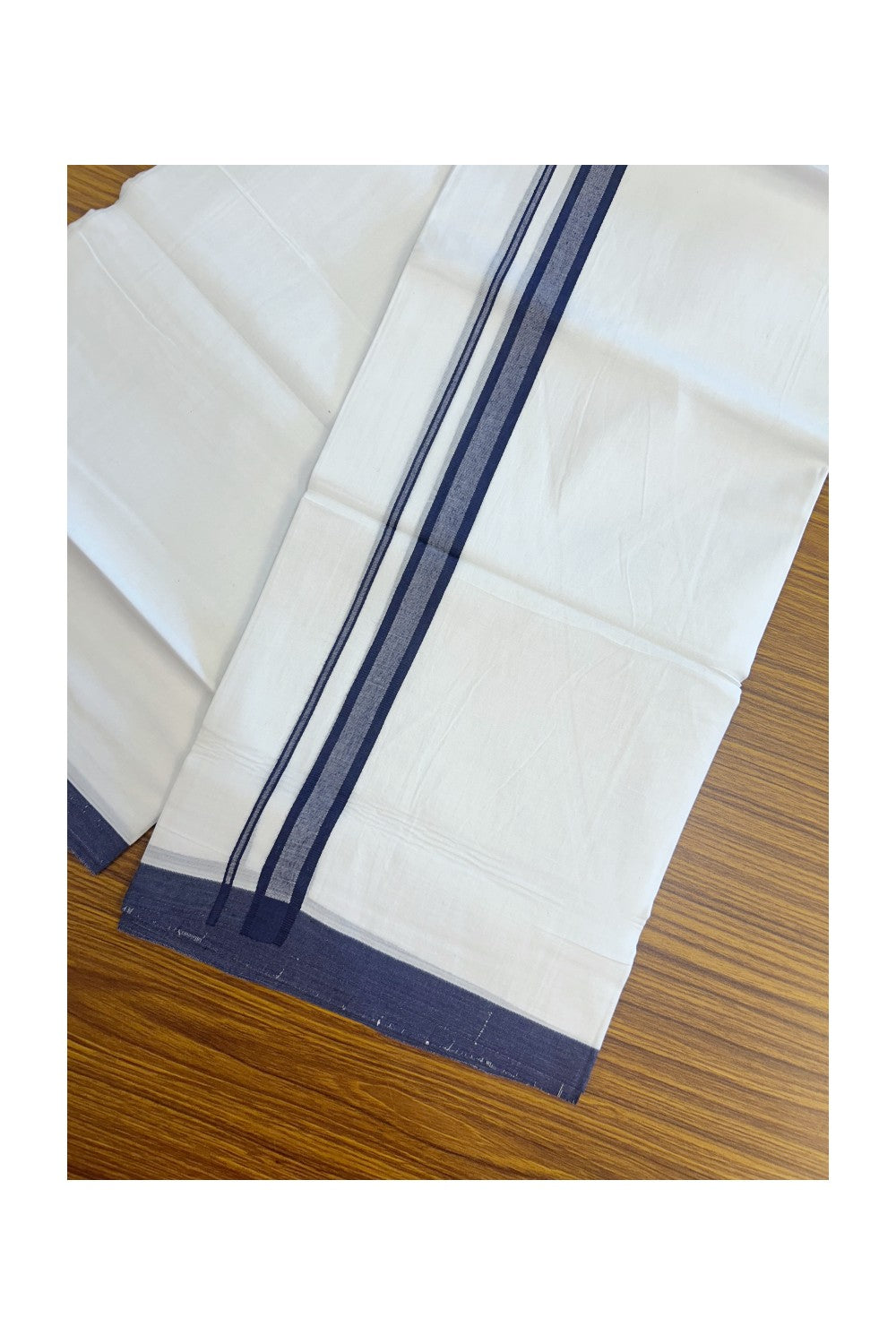 20% Discount ! Kaitharikada Balaramapuram 100% Cotton PURE WHITE Double Mundu/Dothi - 100x80 - 0.75 inch Navy Blue Shaded Kara 3.70 mtr (8 muzham) - 63KK5220 THI