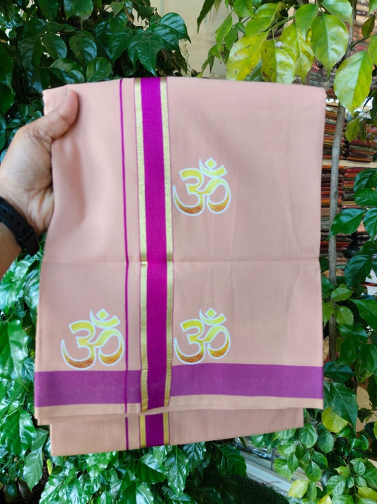 21% Discount ! Kaitharikada Pure Cotton - Single Kaily / Lungi -(40s)- 1.25 inch Violet & Gold Kasav Ohm Printed Design kara with Light Kavi colour body  (2 meter / 4 muzham) - 41 KK8028 GAN