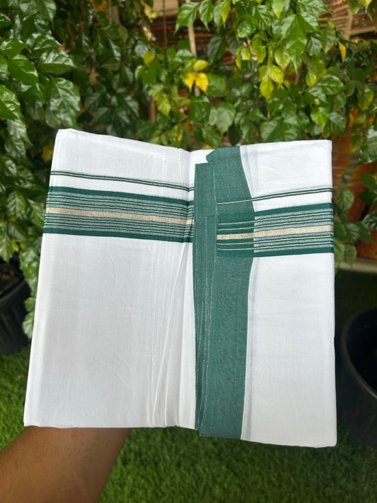 4.5 Meters (10 Muzham) - Pure white double 20% Discount ! KaithariKada Balaramapuram - 100% Pure Cotton 100x80 - Mundu/Dothi - 1.75 inch Dark Green Silver Kasav Kara  - 74 KK5258 THI