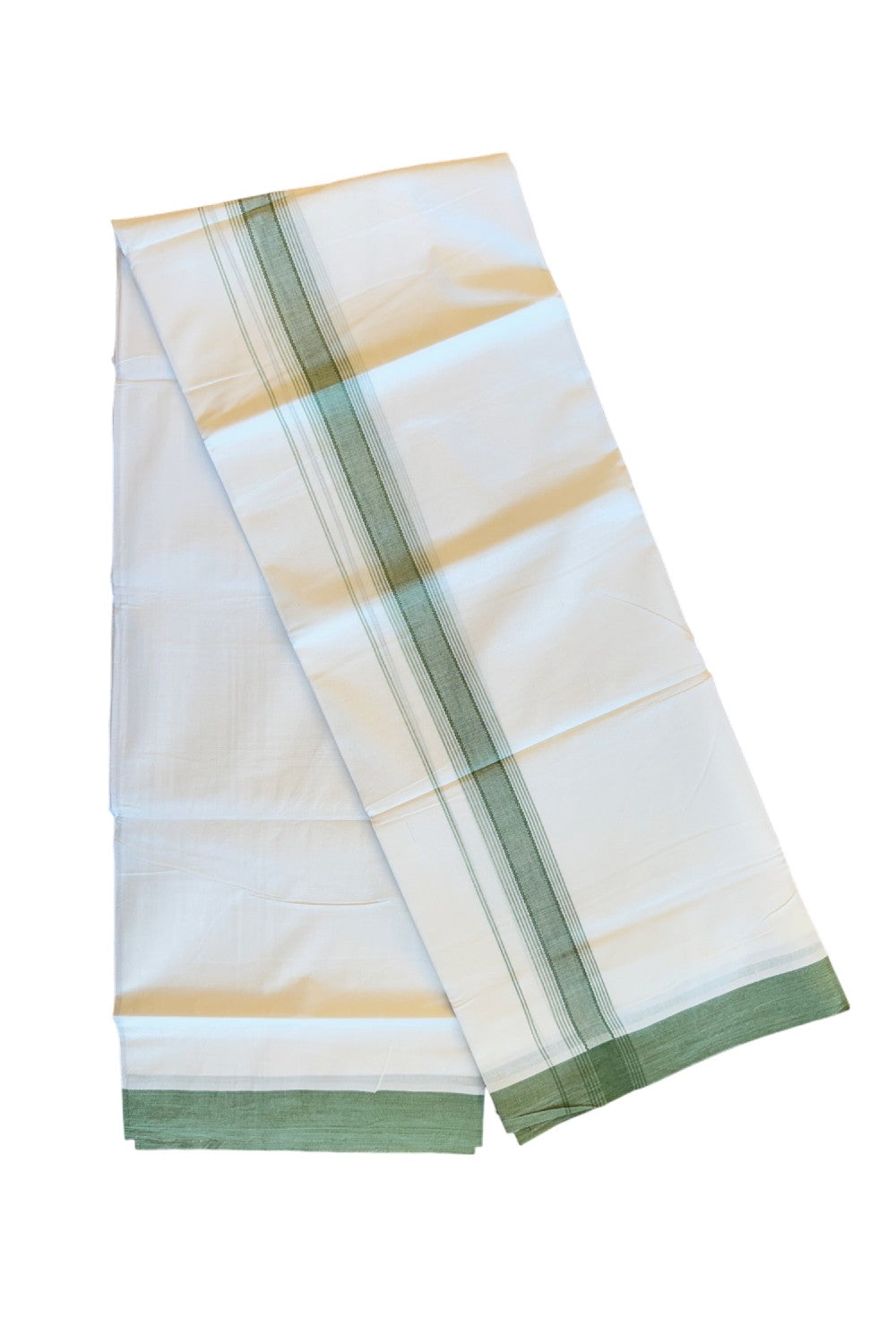 19% DISCOUNT!!! KaithariKada Balaramapuram 100% Cotton Double PURE white Mundu/Dhoti-100x100   2. Inch Parrot green striped kara  - 74KK83VIN