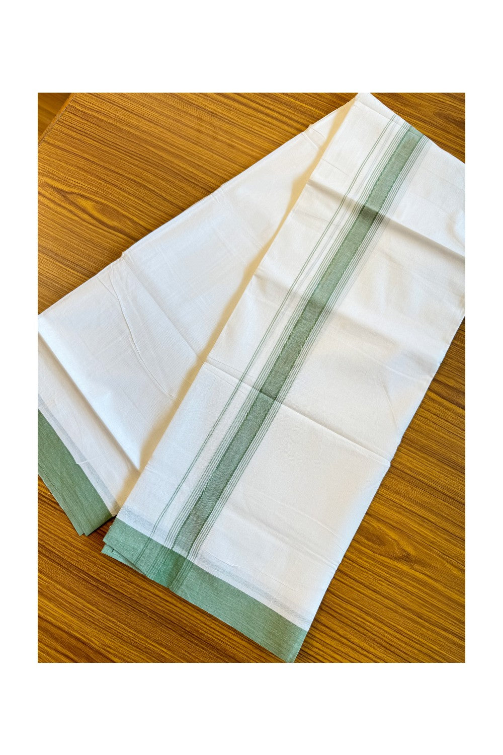 19% DISCOUNT!!! KaithariKada Balaramapuram 100% Cotton Double PURE white Mundu/Dhoti-100x100   2. Inch Parrot green striped kara  - 74KK83VIN