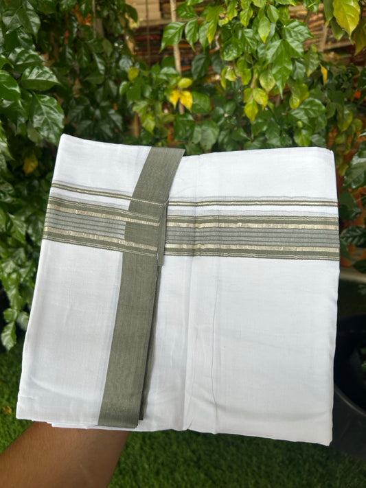 4.5 Meters (10 Muzham) - Pure white double 20% Discount ! KaithariKada Balaramapuram - 100% Pure Cotton 100x80 - Mundu/Dothi - 1.75 inch Sage Green Silver Kasav Kara  - 75 KK5258 THI