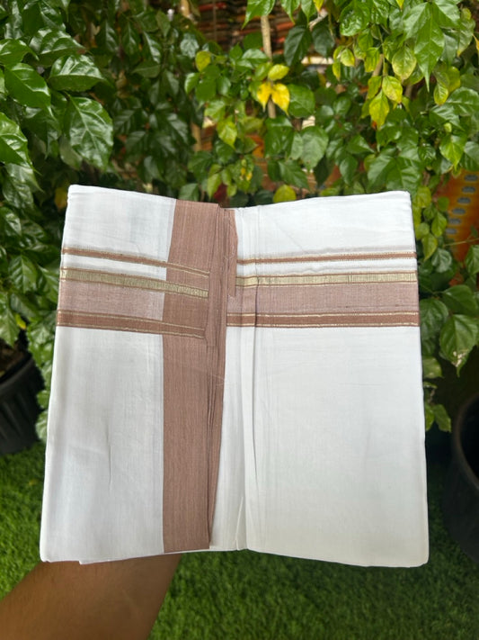 4.5 Meters (10 Muzham) - Pure white double 20% Discount ! KaithariKada Balaramapuram - 100% Pure Cotton 100x80 - Mundu/Dothi - 1.75 inch Brown Silver Kasav Kara  - 76 KK5258 THI