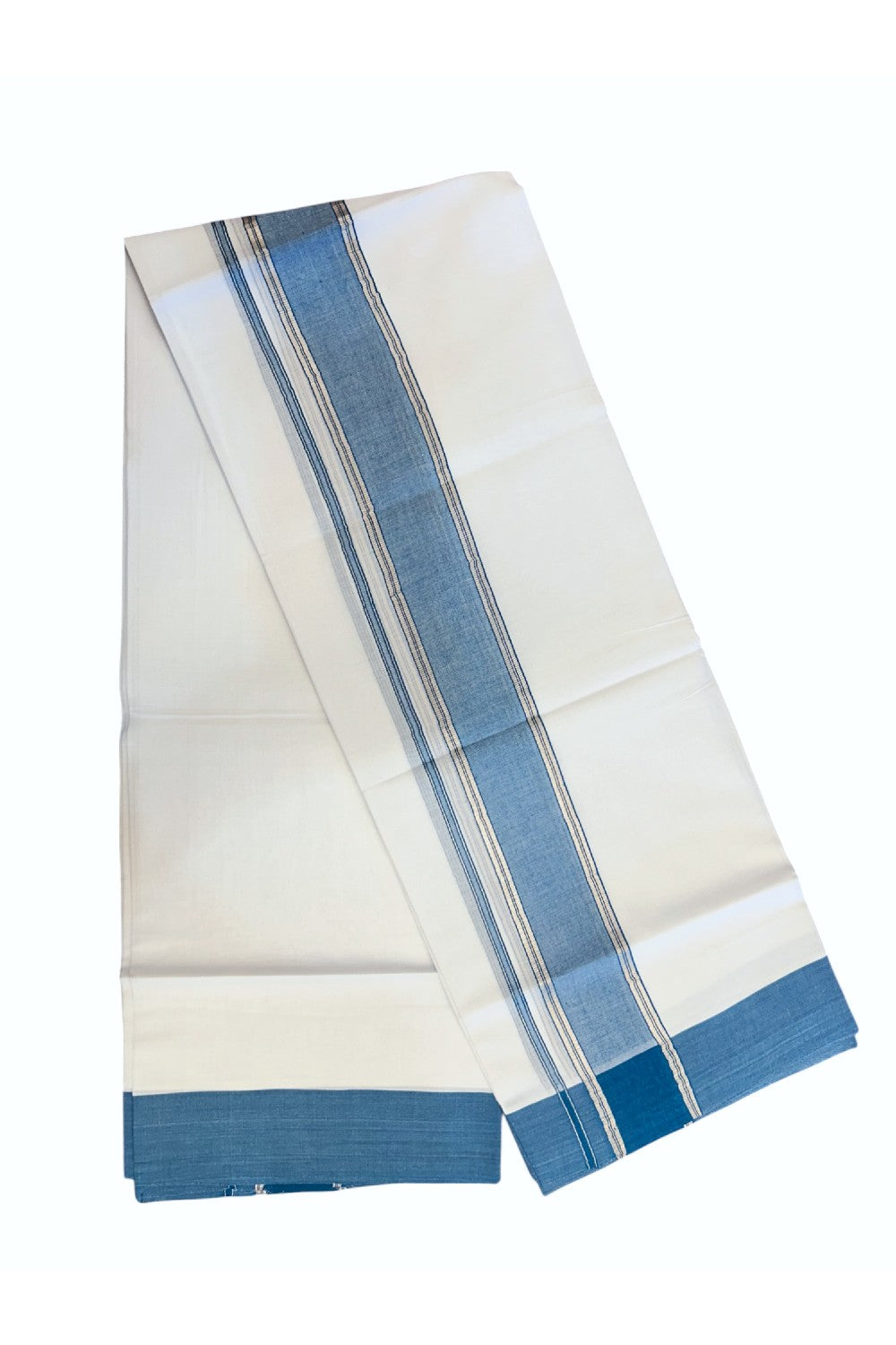 20% DISCOUNT !! KaithariKada Balaramapuram 100% Cotton Double PURE WHITE Mundu/Dhoti - 100X80 - 2.25 inch Peacock Blue Shaded & Silver Kasav Kara - 76KK5213 VIN