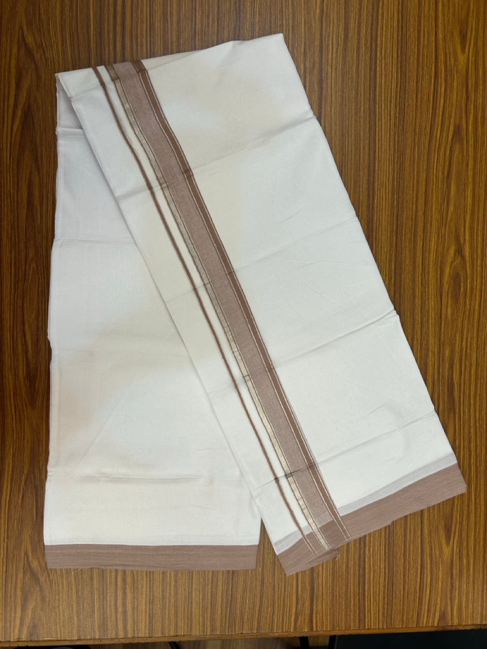 4.5 Meters (10 Muzham) - Pure white double 20% Discount ! KaithariKada Balaramapuram - 100% Pure Cotton 100x80 - Mundu/Dothi - 1.75 inch Brown Silver Kasav Kara  - 76 KK5258 THI
