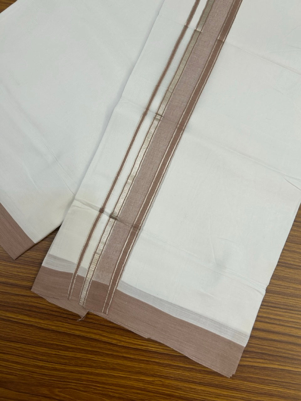 4.5 Meters (10 Muzham) - Pure white double 20% Discount ! KaithariKada Balaramapuram - 100% Pure Cotton 100x80 - Mundu/Dothi - 1.75 inch Brown Silver Kasav Kara  - 76 KK5258 THI