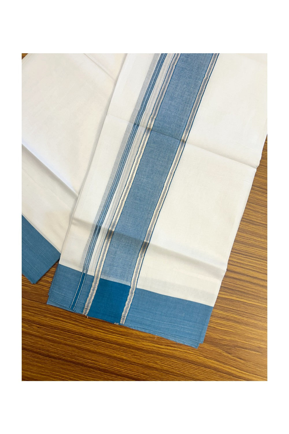 20% DISCOUNT !! KaithariKada Balaramapuram 100% Cotton Double PURE WHITE Mundu/Dhoti - 100X80 - 2.25 inch Peacock Blue Shaded & Silver Kasav Kara - 76KK5213 VIN