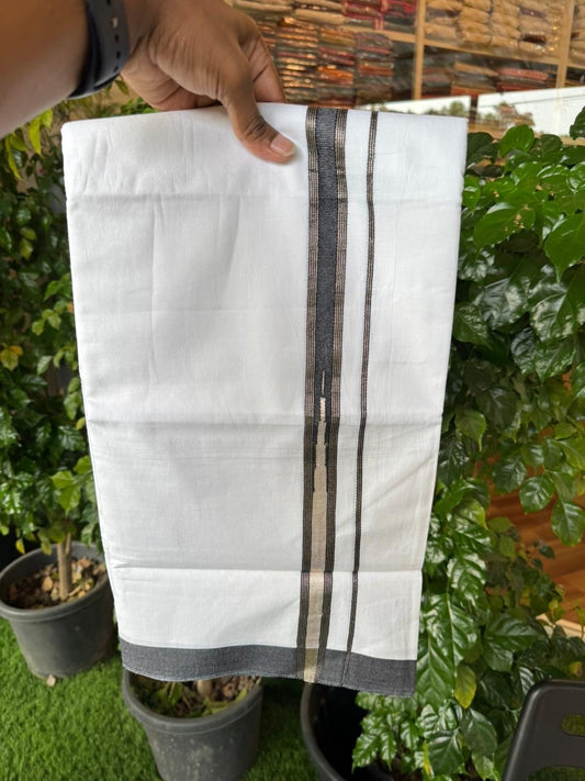 20% Discount ! Kaitharikada Balaramapuram 100% Cotton Pure White Double Mundu/Dothi - 100x80 - 1 inch Puliyilakkara Black & Silver Kasav Heavy One Side Chutty Striped Kara 4 mtr (8.5 muzham) - 66 KK5255 VAS