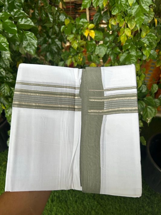 4.5 Meters (10 Muzham) - Pure white double 20% Discount ! KaithariKada Balaramapuram - 100% Pure Cotton 100x80 - Mundu/Dothi - 1.75 inch Sage Green Silver Kasav Kara  - 77 KK5258 THI