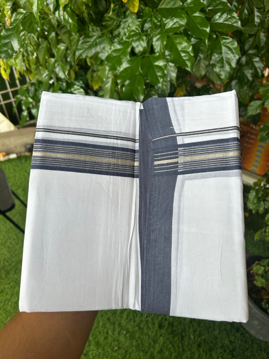 4.5 Meters (10 Muzham) - Pure white double 20% Discount ! KaithariKada Balaramapuram - 100% Pure Cotton 100x80 - Mundu/Dothi - 1.75 inch Navy Blue Silver Kasav Kara  - 78 KK5258 THI