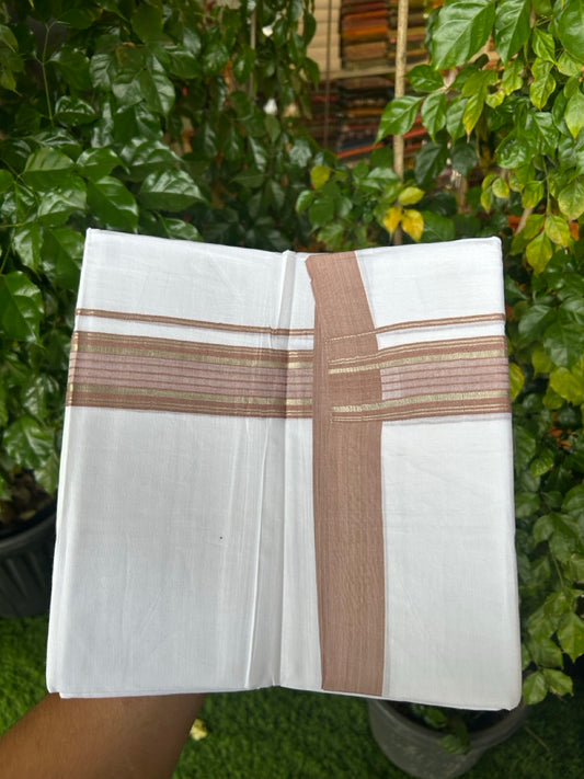 4.5 Meters (10 Muzham) - Pure white double 20% Discount ! KaithariKada Balaramapuram - 100% Pure Cotton 100x80 - Mundu/Dothi - 1.75 inch Brown Silver Kasav Kara  - 79 KK5258 THI