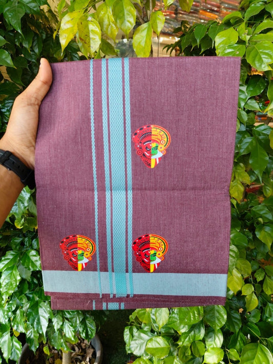 22% Discount! Kaitharikada Pure Cotton - Single Kaily / Lungi - (40s) - 1.25 inch Teal Blue striped Theyyam Kadhakali Printed Design kara with Velvet Maroon shaded colour body  (2 meter / 4 muzham) - 11 KK8028 GAN