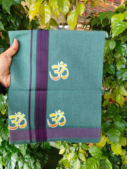 21% Discount ! Kaitharikada Pure Cotton - Single Kaily / Lungi -(40s)- 1.25 inch Purple Striped Ohm Printed Design kara with Green Shaded colour body  (2 meter / 4 muzham) - 48 KK8028 GAN