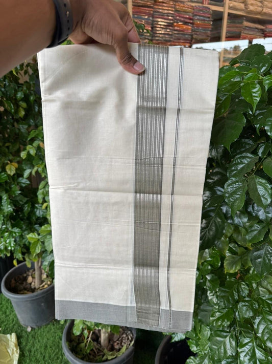 20% Discount! KaithariKada Balaramapuram 100% Cotton Off white Double Mundu/Dhoti - (100x80)S - 1.5 inch Ash Grey & Silver Kasav Striped Kara - 4mtr (8.5muzham) - 78 KK5255 VAS